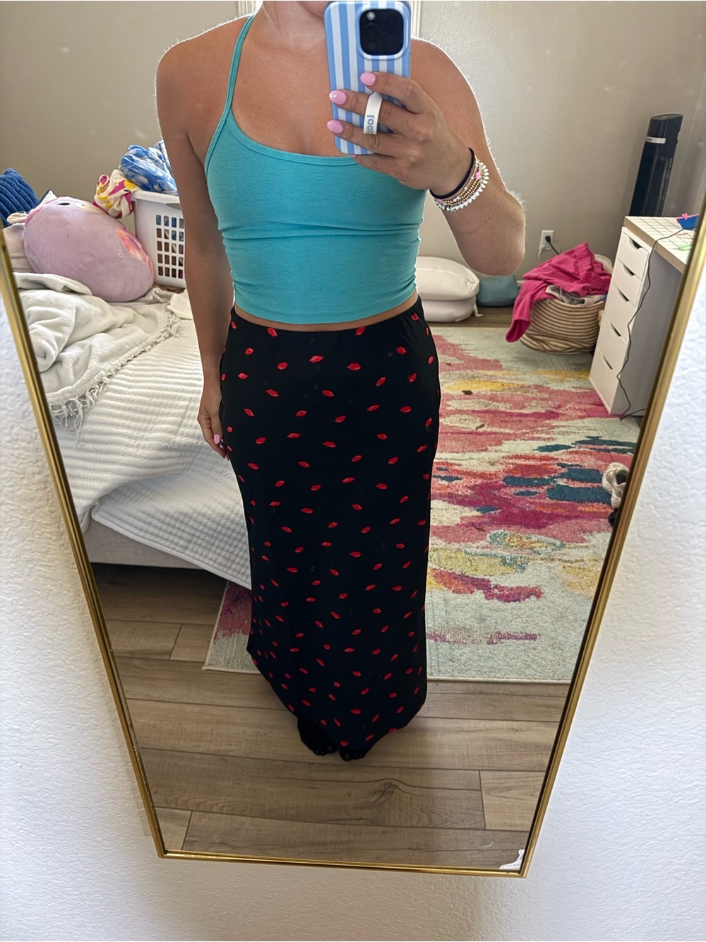 a new day Black Maxi Skirt with Red Lip Print